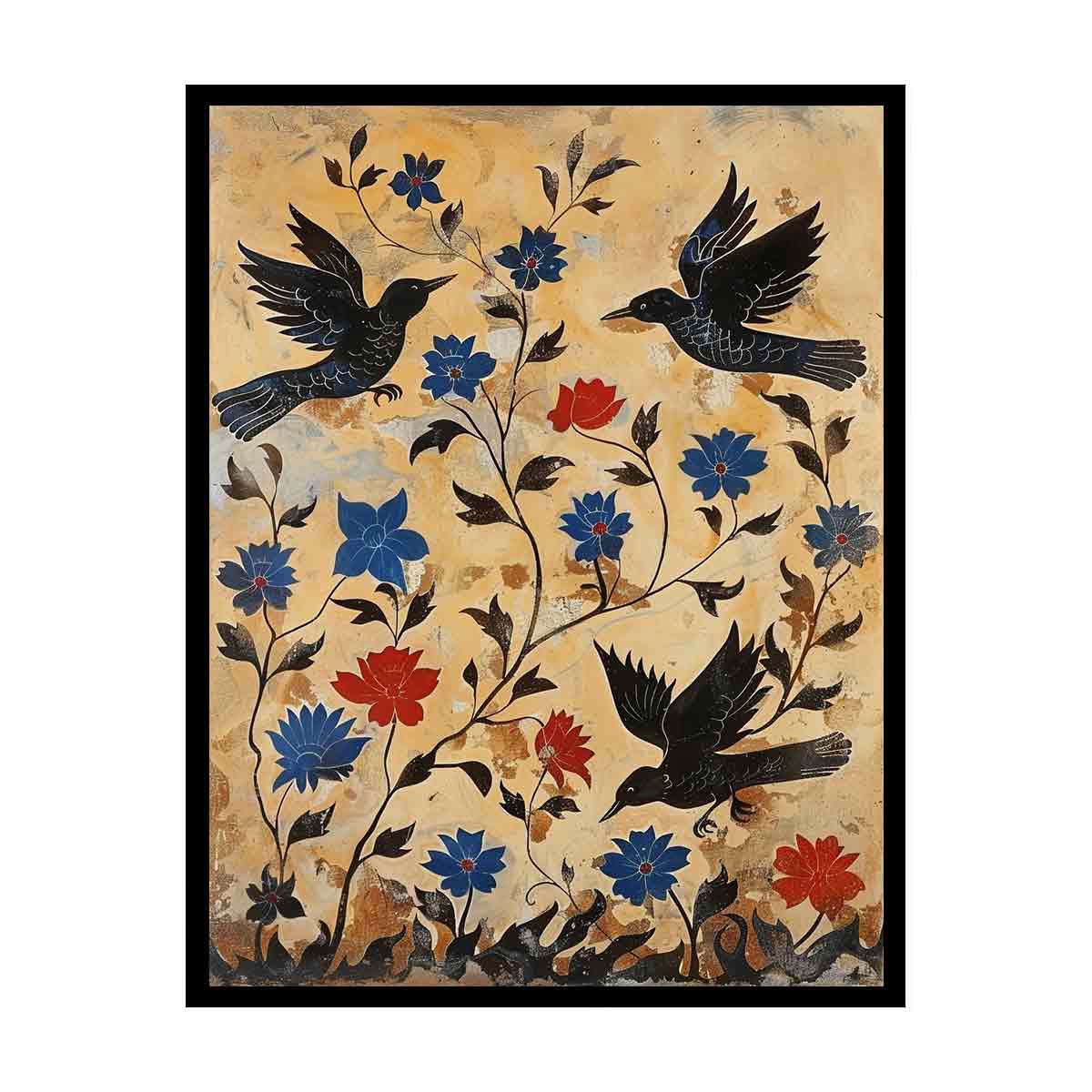 Vintage black bird botanical canvas art for eclectic hallway or entryway decor.