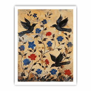 Vintage black bird botanical canvas art for eclectic hallway or entryway decor.