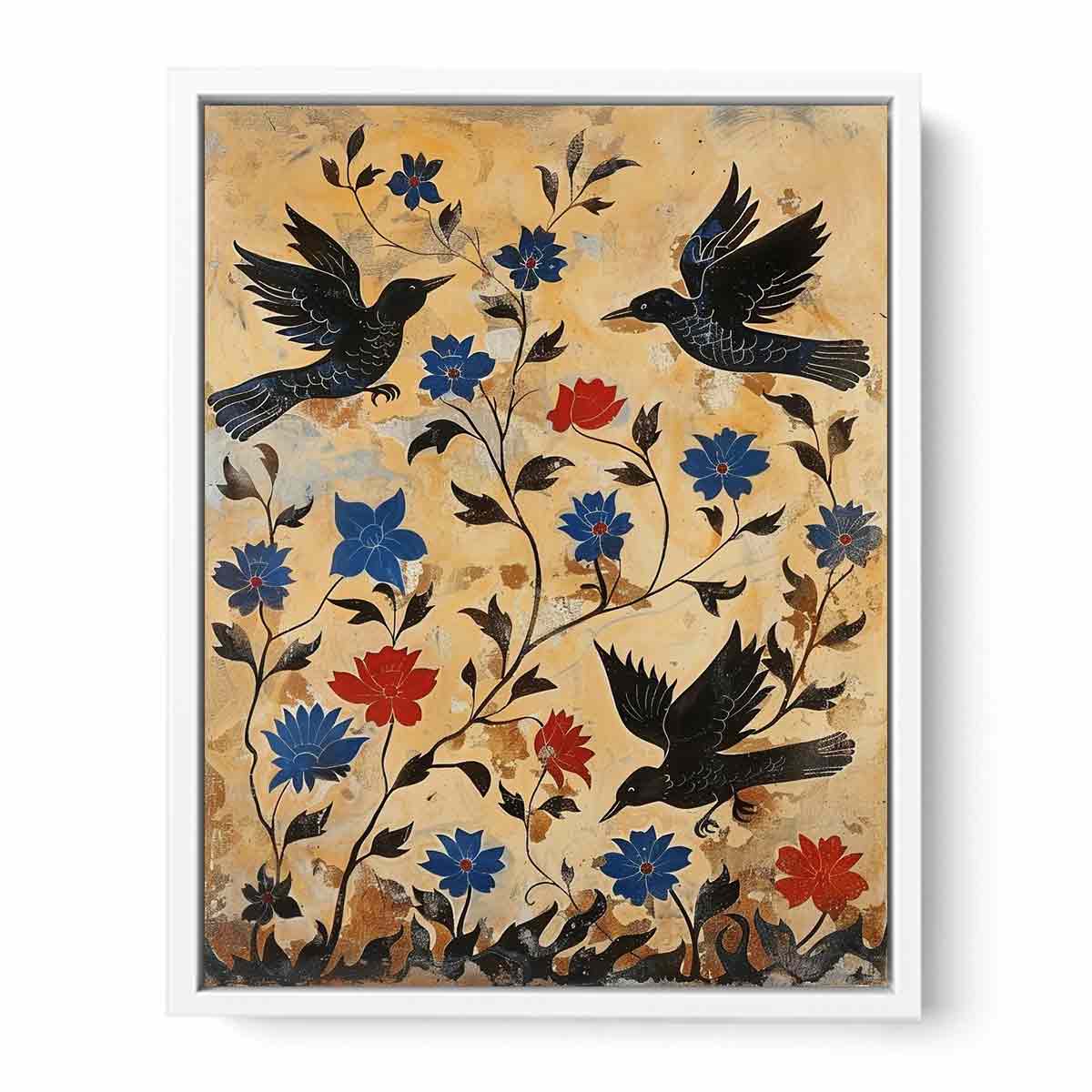 Vintage black bird botanical canvas art for eclectic hallway or entryway decor.