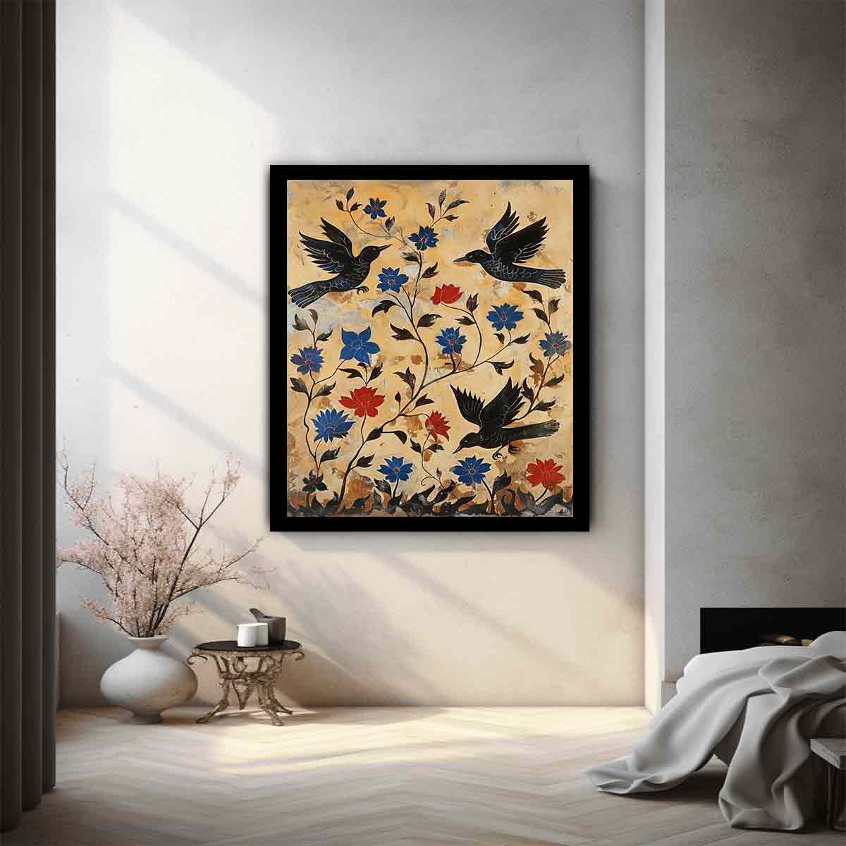Vintage black bird botanical canvas art for eclectic hallway or entryway decor.