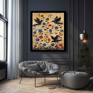 Vintage black bird botanical canvas art for eclectic hallway or entryway decor.