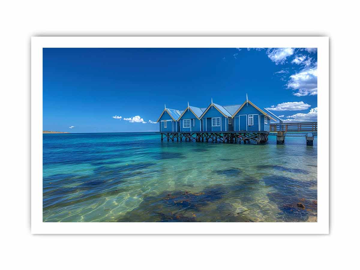 Blue coastal beach hut canvas photography for fresh beach house living room decor.