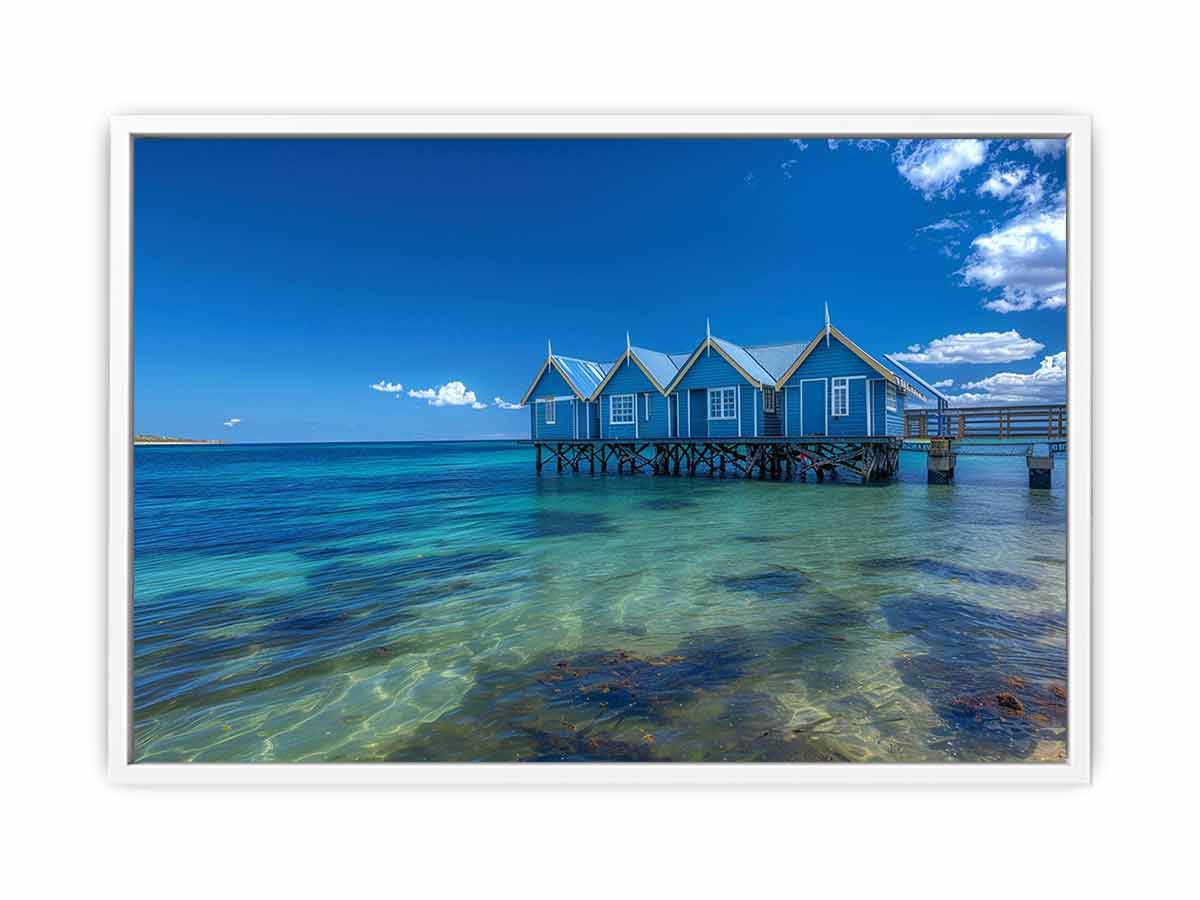 Blue coastal beach hut canvas photography for fresh beach house living room decor.