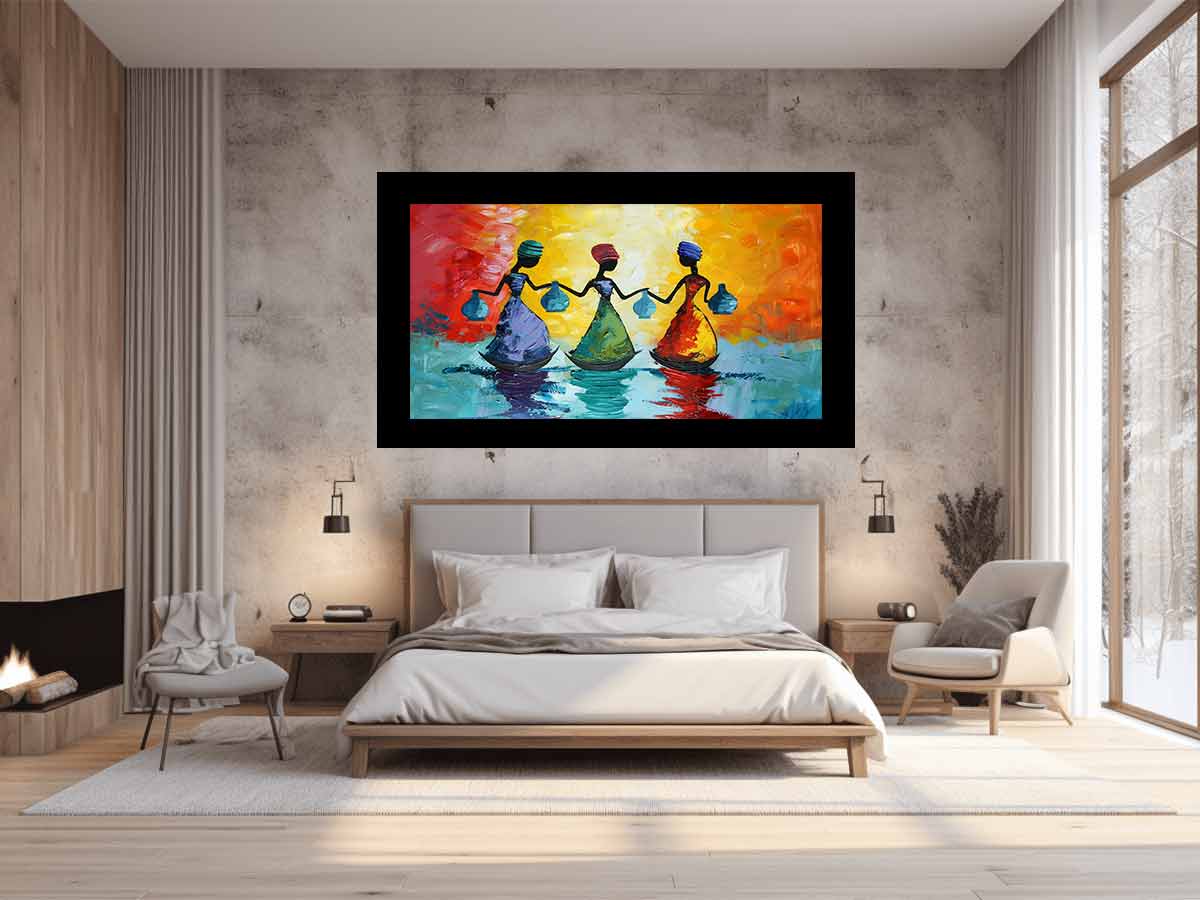 Colorful figurative women canvas art for bold modern living room decor.