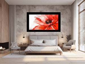 Large red poppy floral canvas art for bold modern bedroom decor.