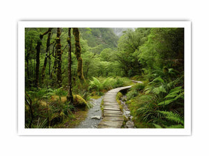 Lush green forest boardwalk canvas art for calming office or bedroom decor.