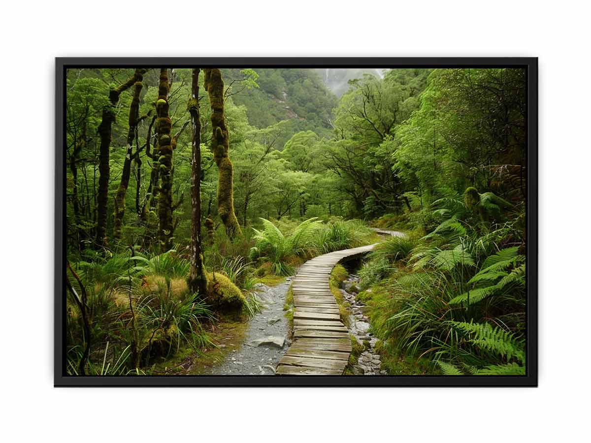 Lush green forest boardwalk canvas art for calming office or bedroom decor.