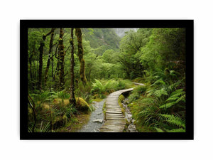Lush green forest boardwalk canvas art for calming office or bedroom decor.