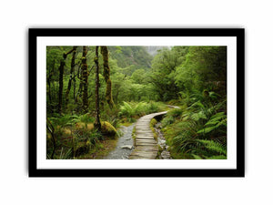 Lush green forest boardwalk canvas art for calming office or bedroom decor.