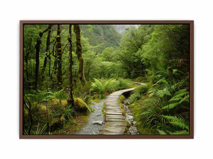 Lush green forest boardwalk canvas art for calming office or bedroom decor.