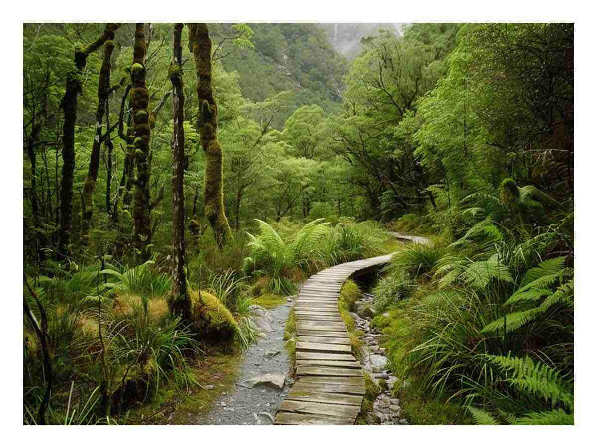 Lush green forest boardwalk canvas art for calming office or bedroom decor.