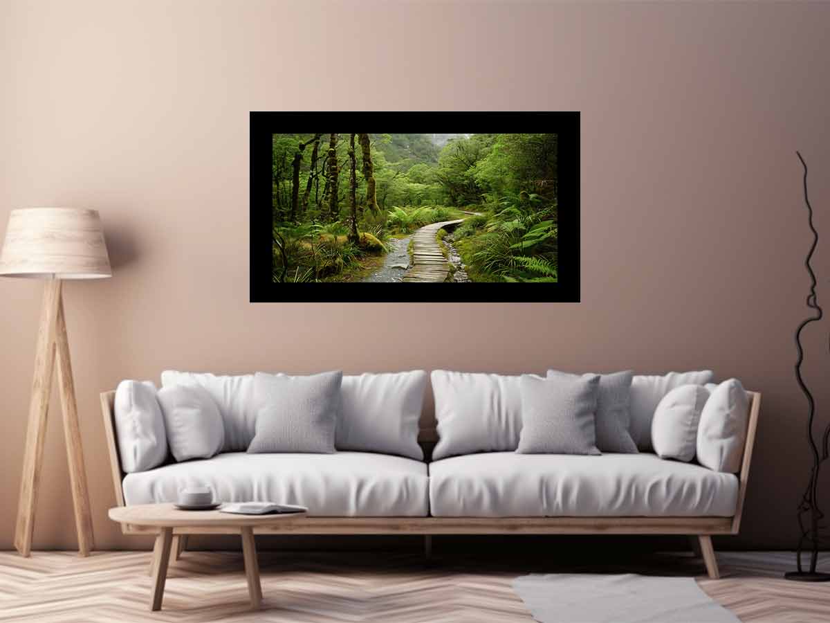 Lush green forest boardwalk canvas art for calming office or bedroom decor.