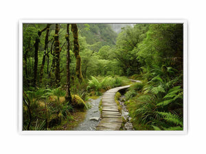 Lush green forest boardwalk canvas art for calming office or bedroom decor.