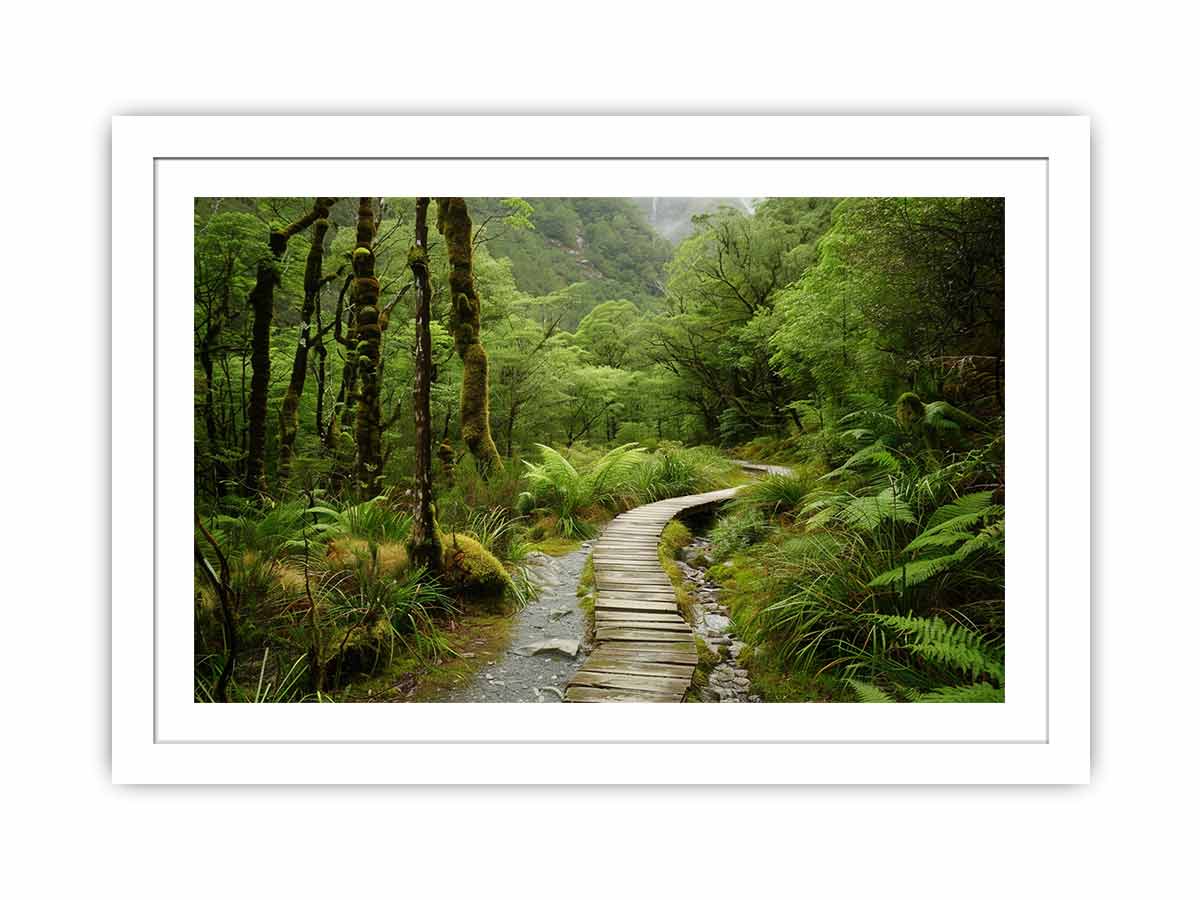 Lush green forest boardwalk canvas art for calming office or bedroom decor.