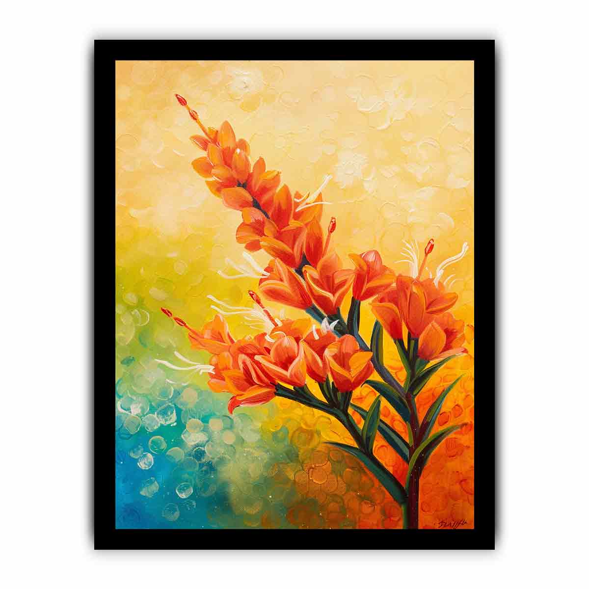 Bright orange botanical flower canvas art for colorful modern living room decor.