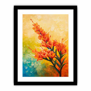 Bright orange botanical flower canvas art for colorful modern living room decor.