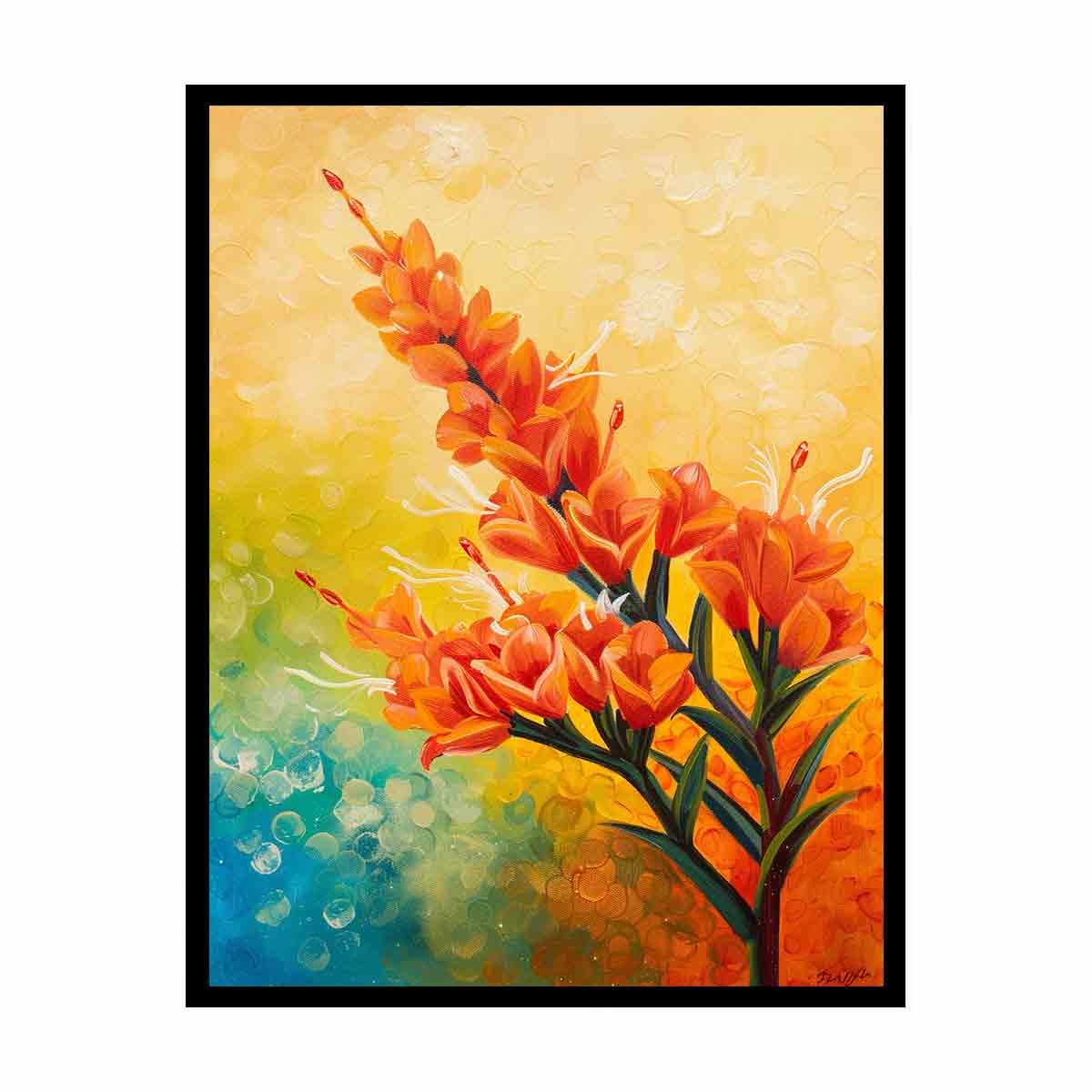 Bright orange botanical flower canvas art for colorful modern living room decor.