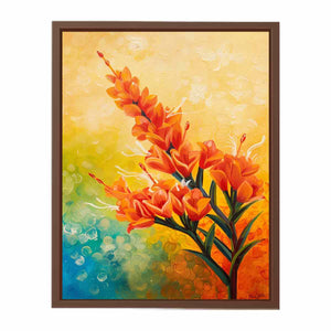 Bright orange botanical flower canvas art for colorful modern living room decor.
