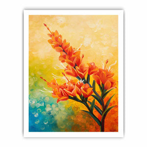Bright orange botanical flower canvas art for colorful modern living room decor.