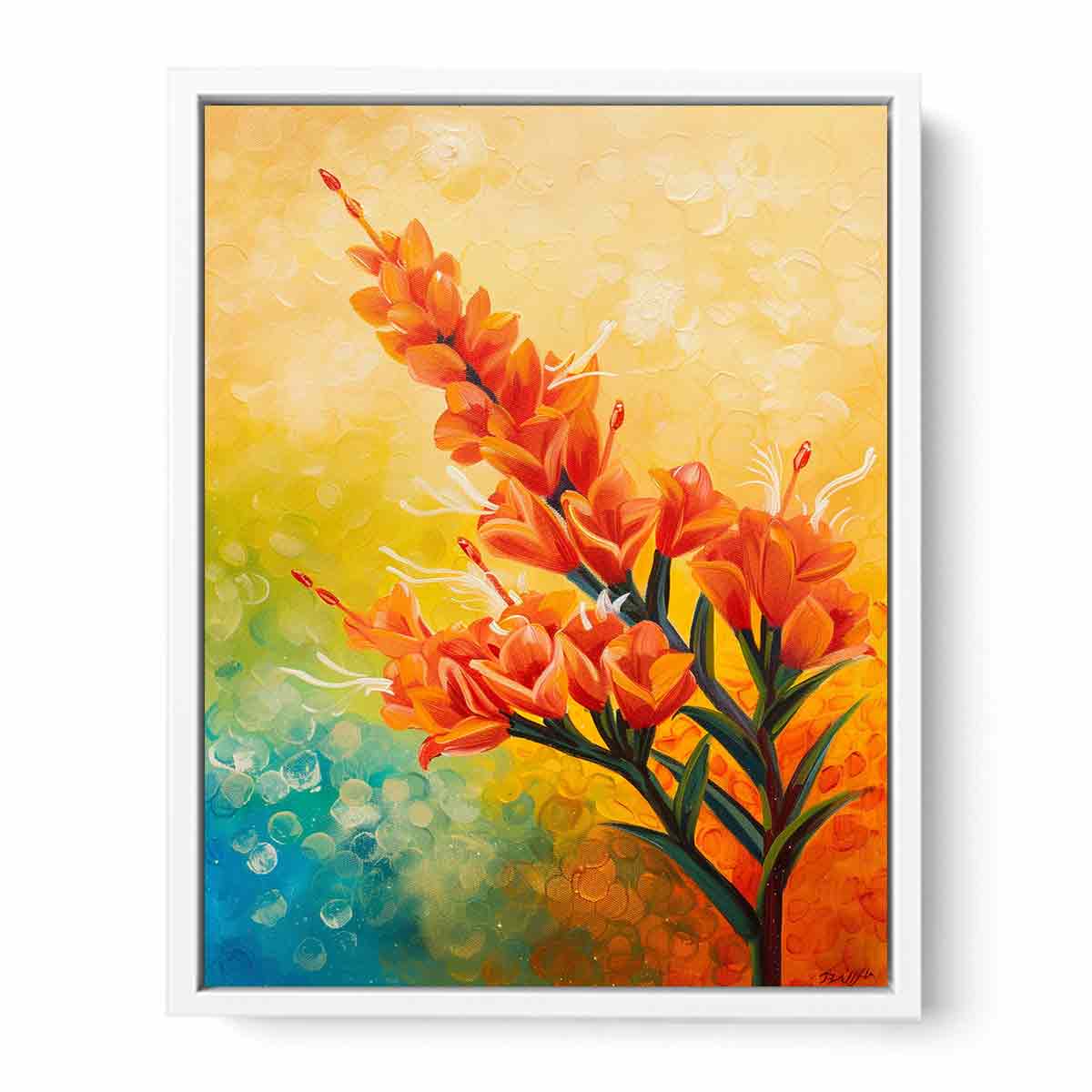 Bright orange botanical flower canvas art for colorful modern living room decor.