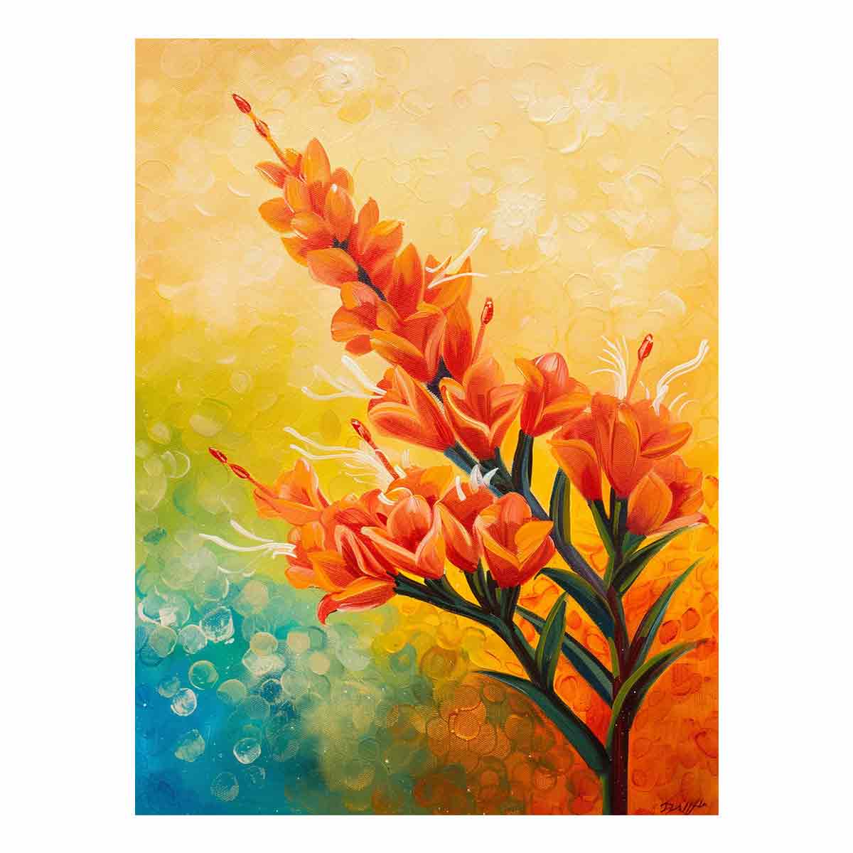 Bright orange botanical flower canvas art for colorful modern living room decor.