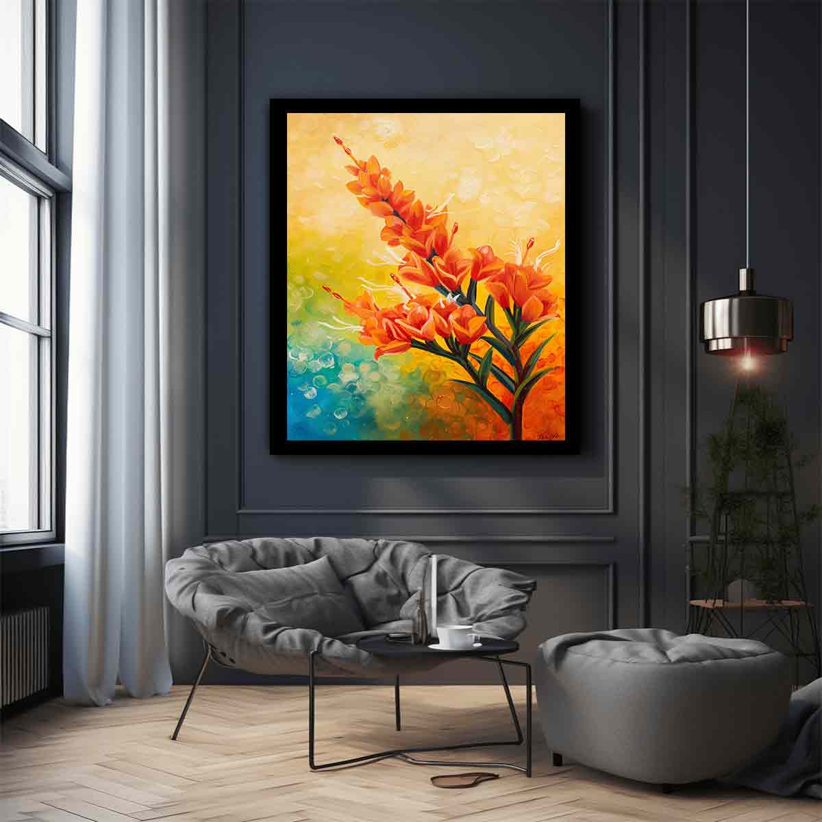 Bright orange botanical flower canvas art for colorful modern living room decor.