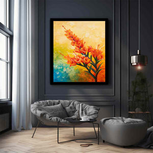 Bright orange botanical flower canvas art for colorful modern living room decor.
