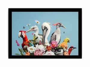 Colorful bird and floral canvas art for bright modern living room decor.