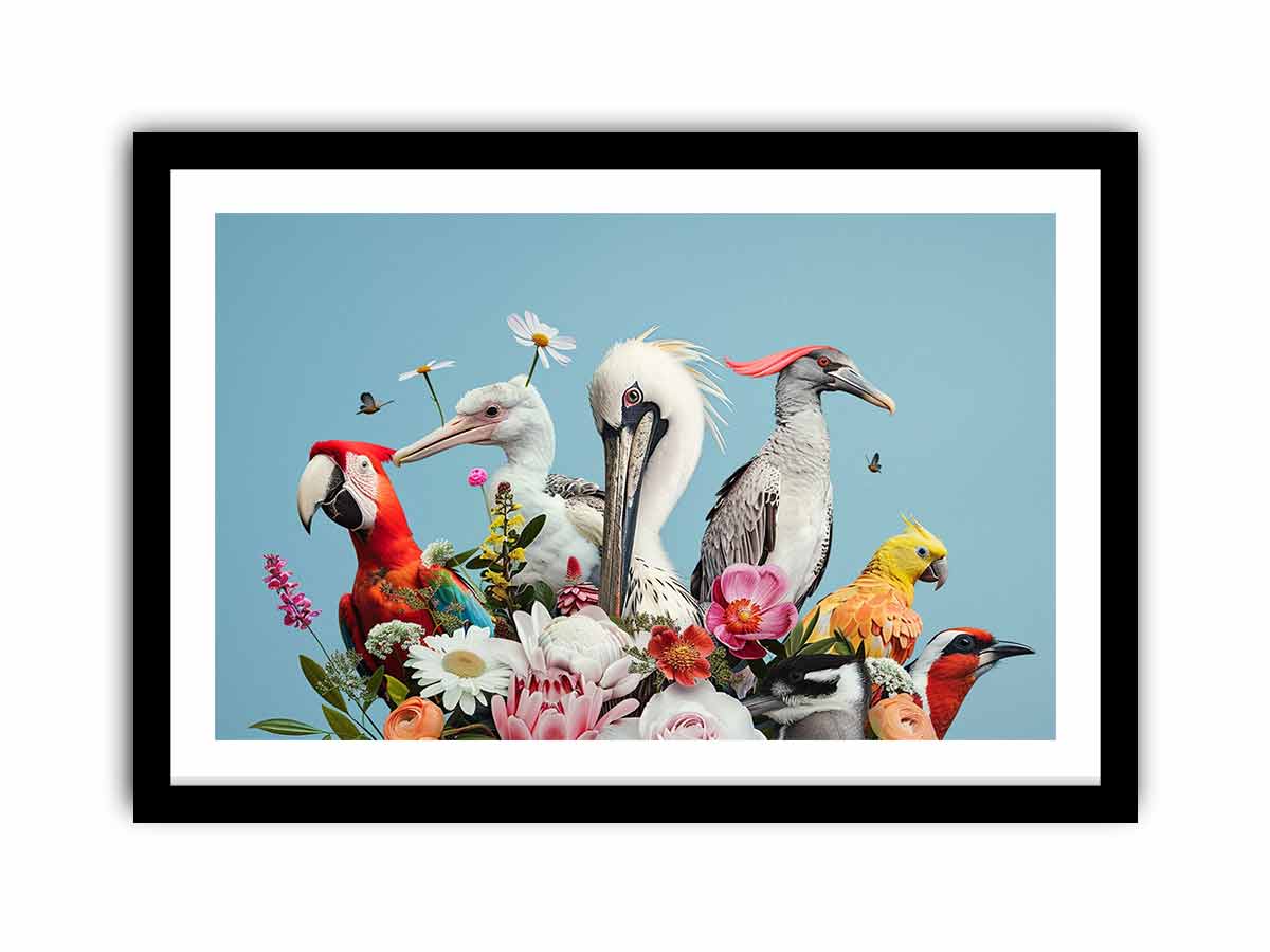 Colorful bird and floral canvas art for bright modern living room decor.
