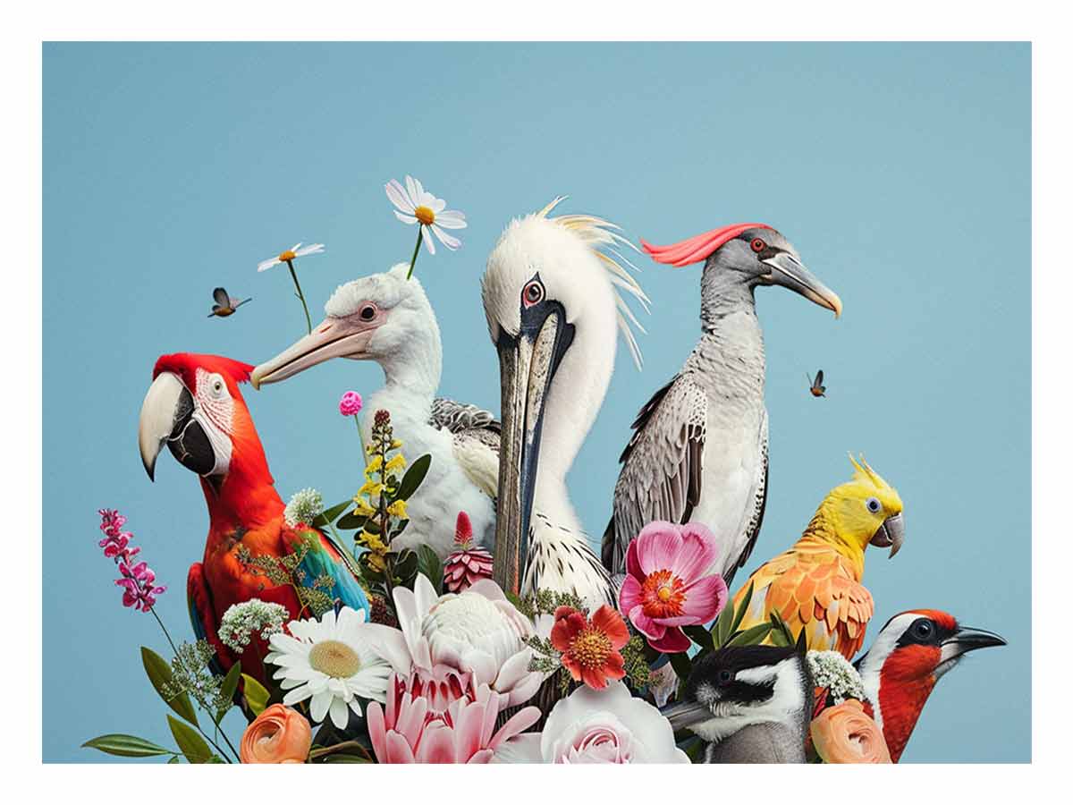 Colorful bird and floral canvas art for bright modern living room decor.