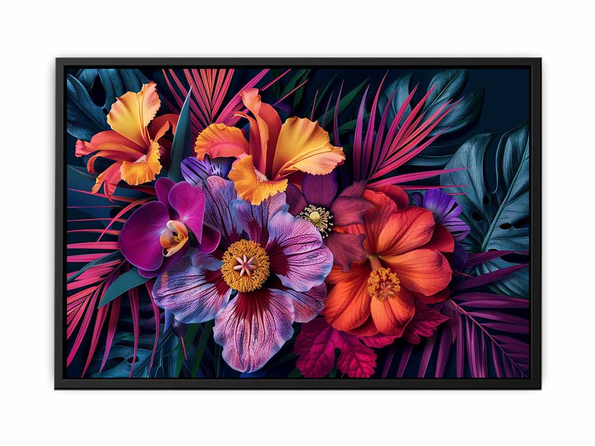 Bold tropical floral canvas art for luxury living room decor.