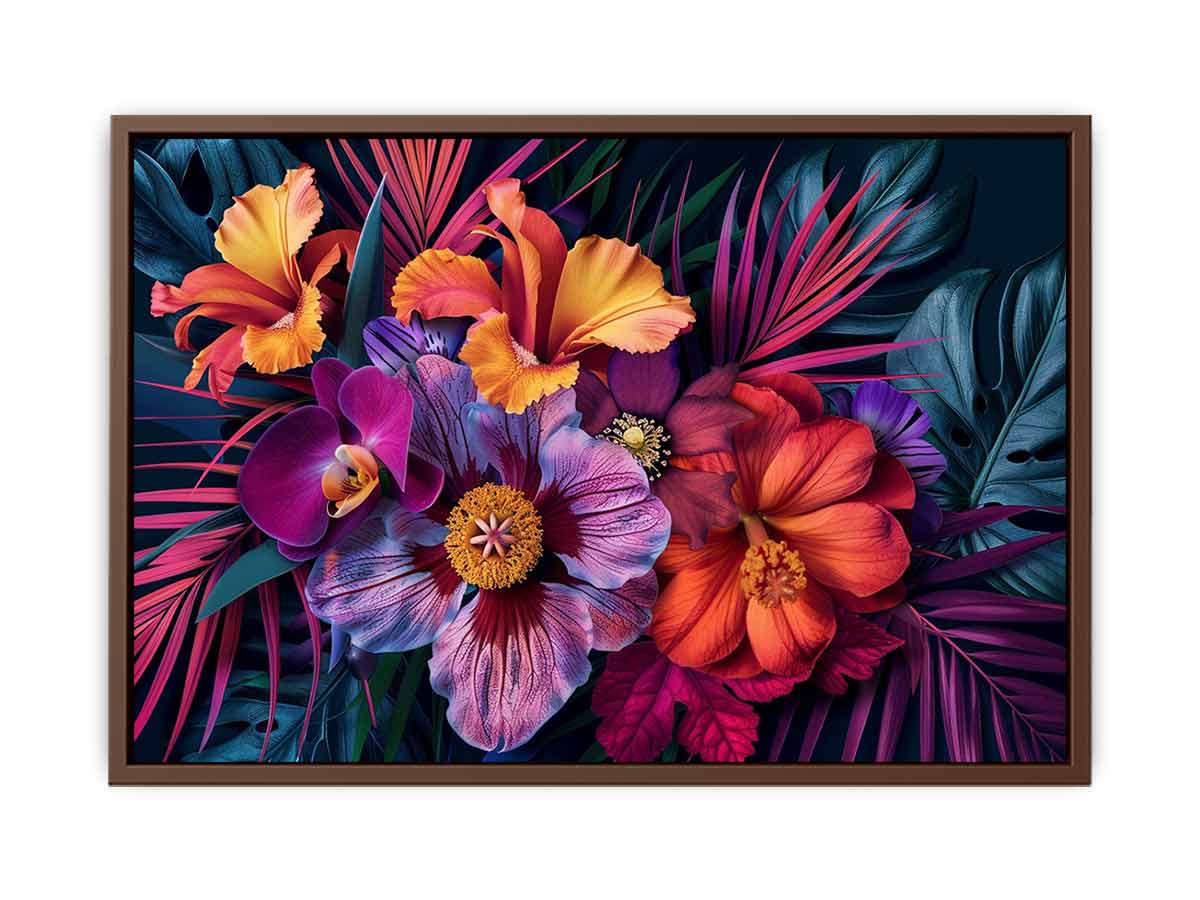Bold tropical floral canvas art for luxury living room decor.