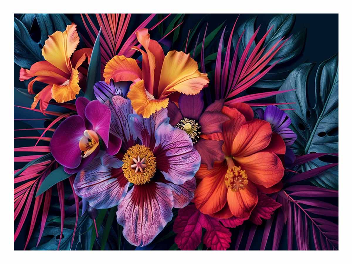Bold tropical floral canvas art for luxury living room decor.