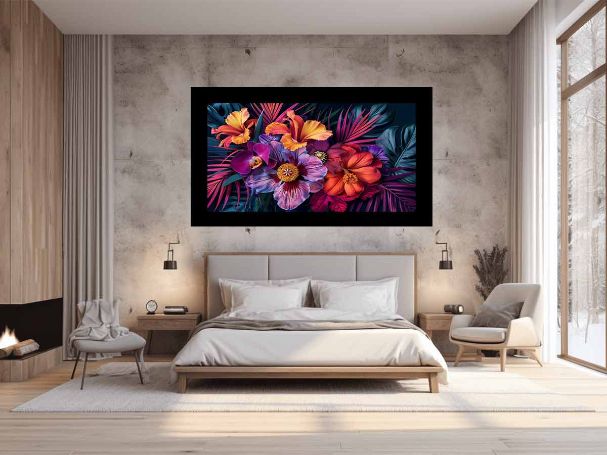 Bold tropical floral canvas art for luxury living room decor.