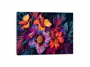 Bold tropical floral canvas art for luxury living room decor.
