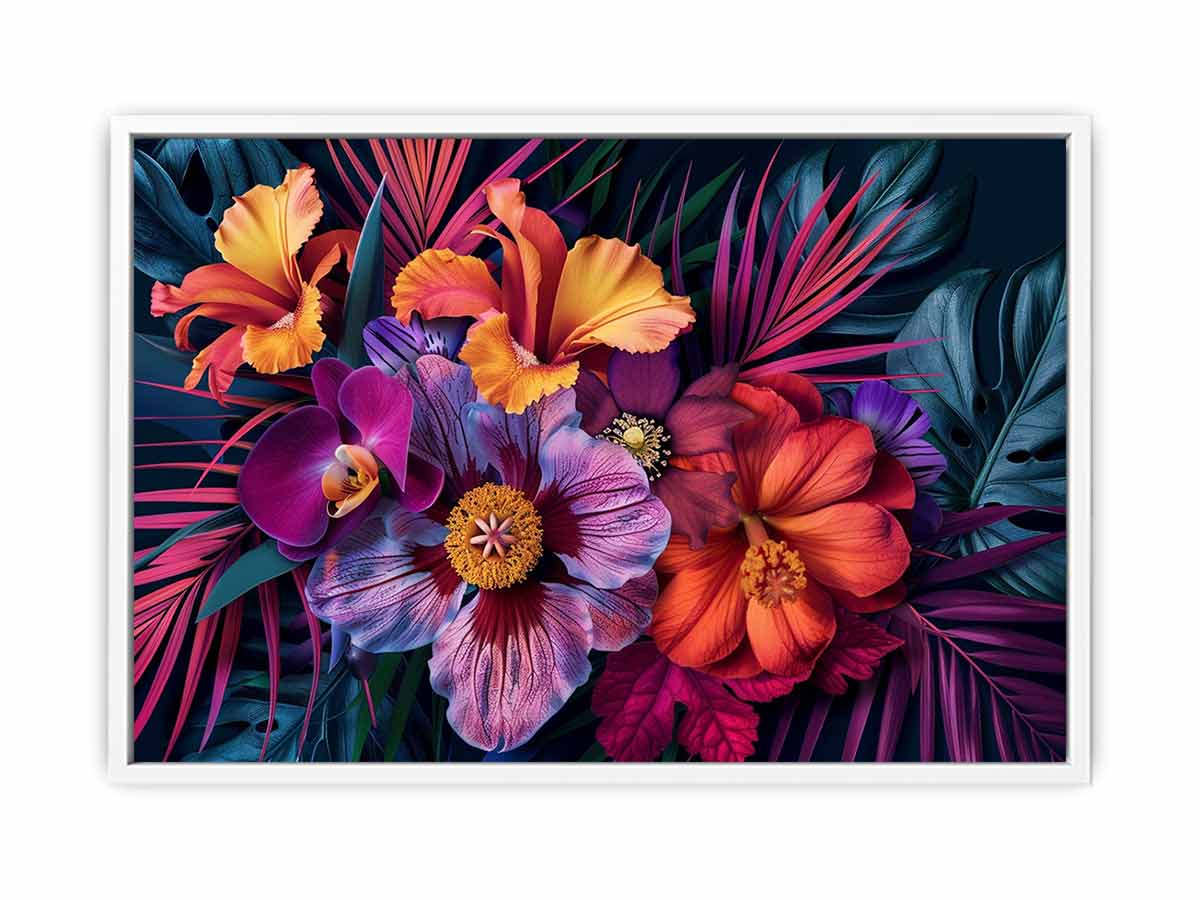 Bold tropical floral canvas art for luxury living room decor.