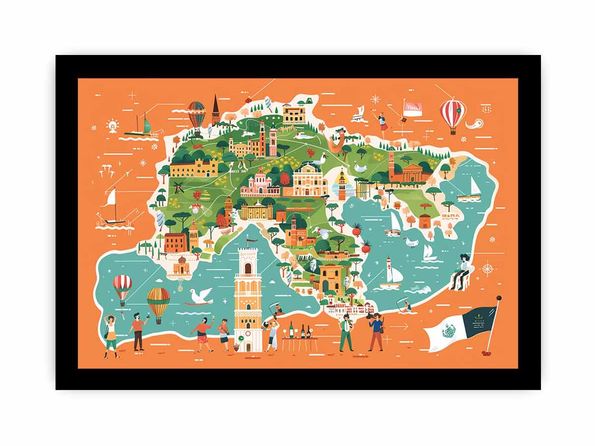 Illustrated Italy map canvas art for kids room and travel decor.