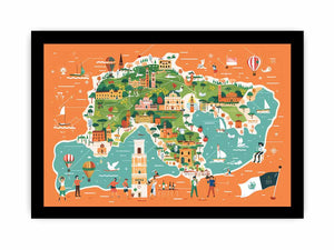 Illustrated Italy map canvas art for kids room and travel decor.