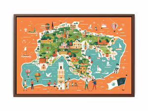 Illustrated Italy map canvas art for kids room and travel decor.