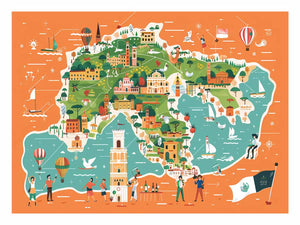 Illustrated Italy map canvas art for kids room and travel decor.