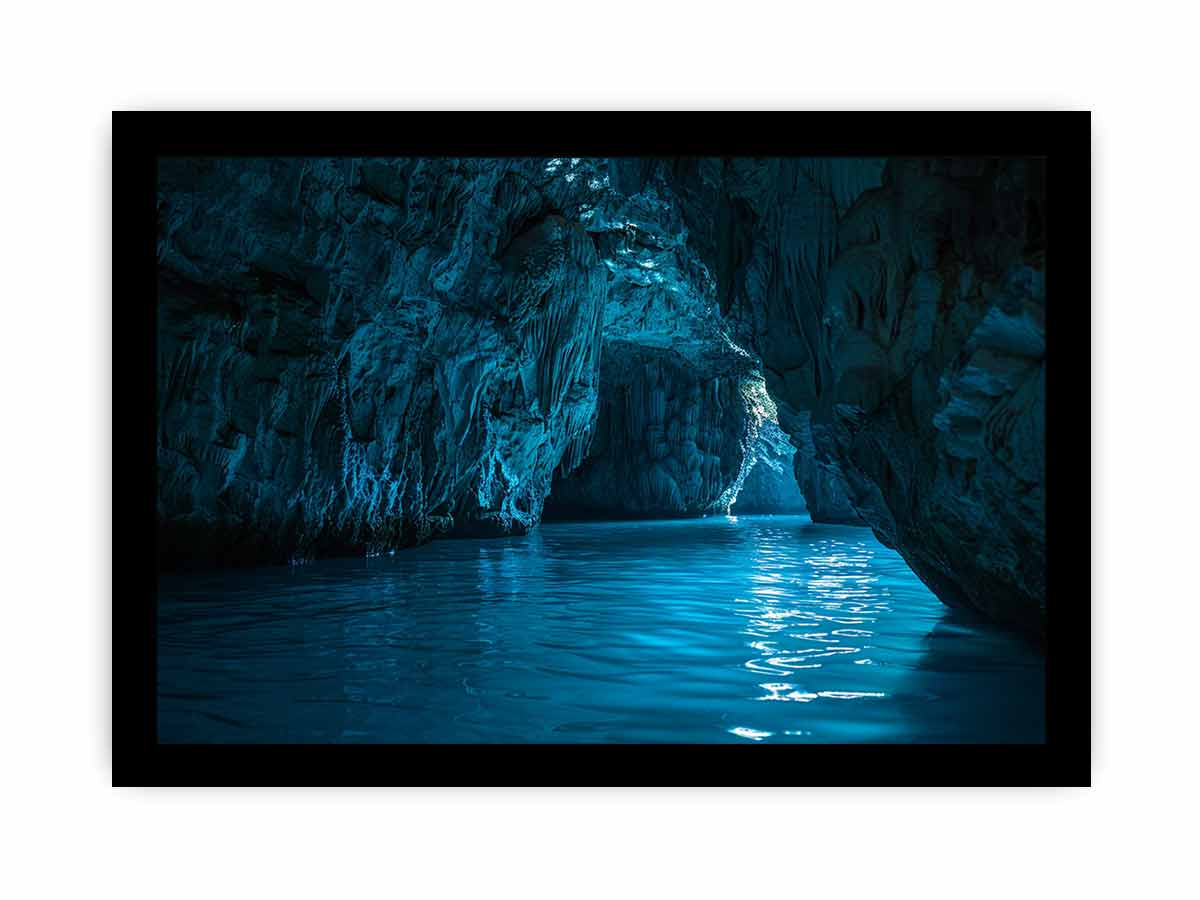 Blue cave water canvas art for serene coastal living room decor.