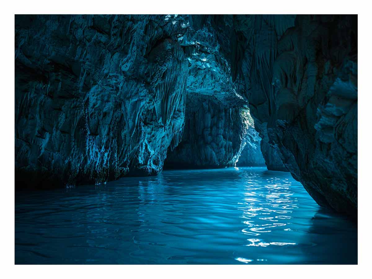 Blue cave water canvas art for serene coastal living room decor.
