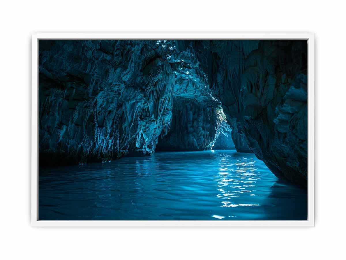 Blue cave water canvas art for serene coastal living room decor.