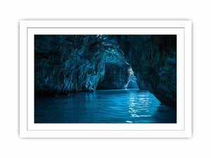 Blue cave water canvas art for serene coastal living room decor.