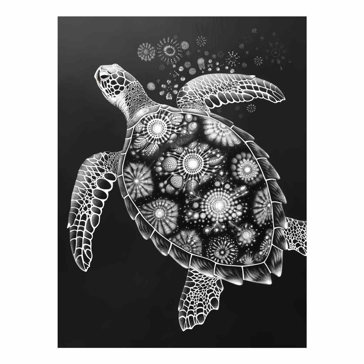 Black and white sea turtle canvas art for coastal bedroom decor.