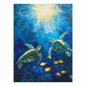 Colorful sea turtles canvas art with yellow fish for coastal decor.