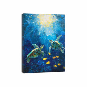 Colorful sea turtles canvas art with yellow fish for coastal decor.