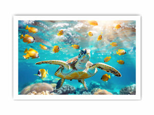 Sea turtle and yellow fish canvas art for bright coastal living room decor.