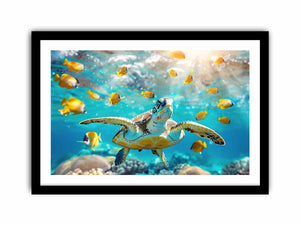 Sea turtle and yellow fish canvas art for bright coastal living room decor.
