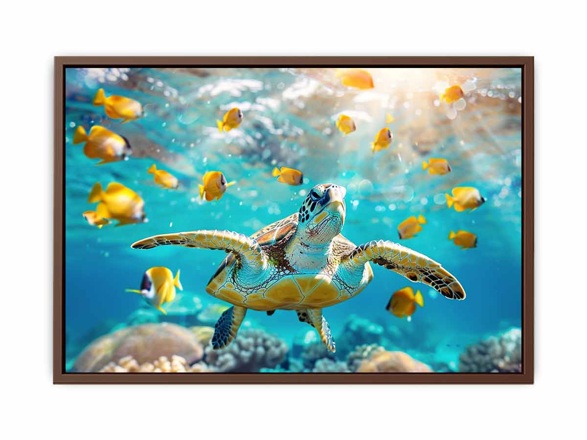 Sea turtle and yellow fish canvas art for bright coastal living room decor.